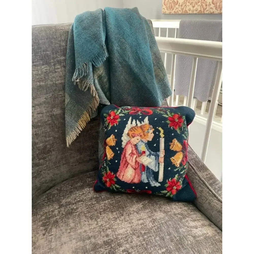 Vintage Christmas Needlepoint Pillow Angels Candle Bells Red Velvet 14